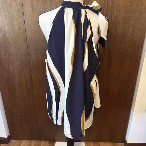 Polyester Blue/Tan/Cream Striped Bow Tie Shoulder Blouse XXL - Picture 6 of 7
